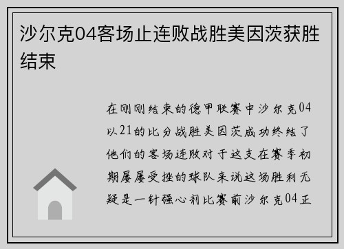 沙尔克04客场止连败战胜美因茨获胜结束