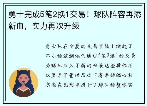 勇士完成5笔2换1交易！球队阵容再添新血，实力再次升级